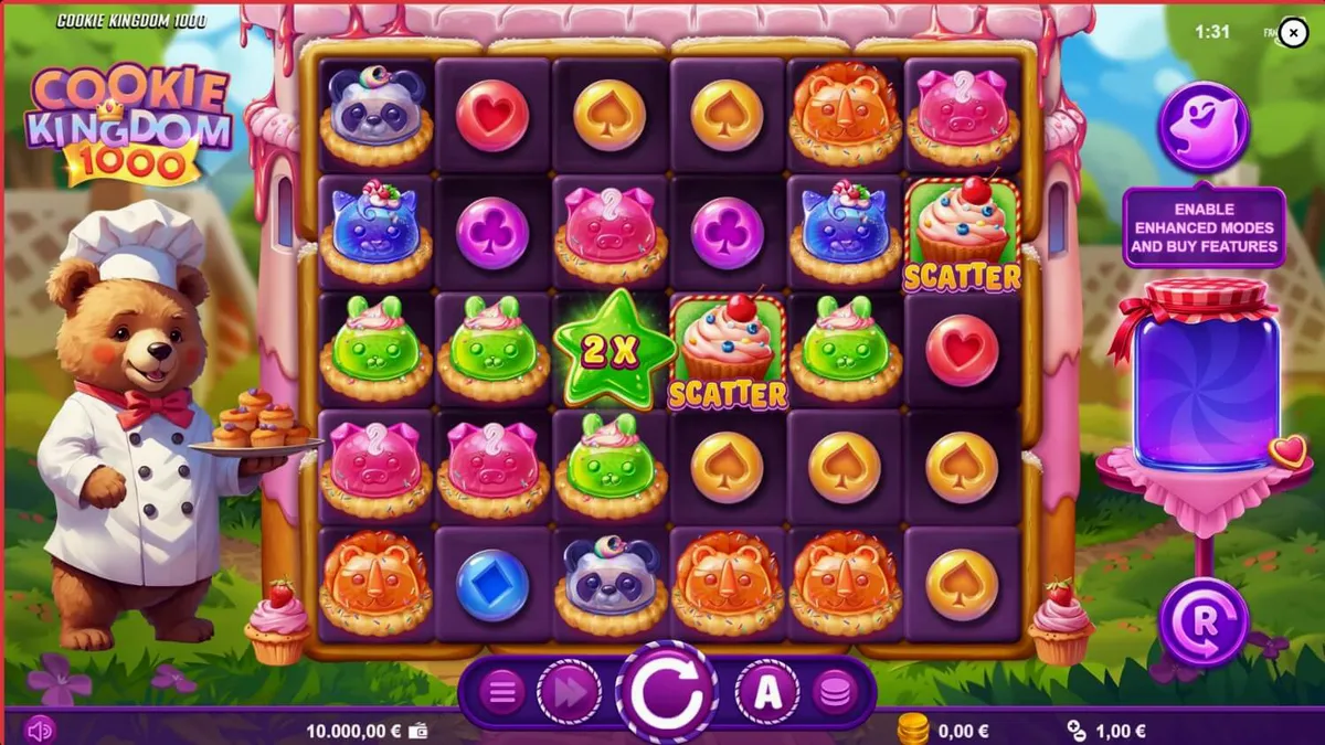 Makulay na interface ng Cookie Kingdom 1000 slot na may mga kendi at hayop