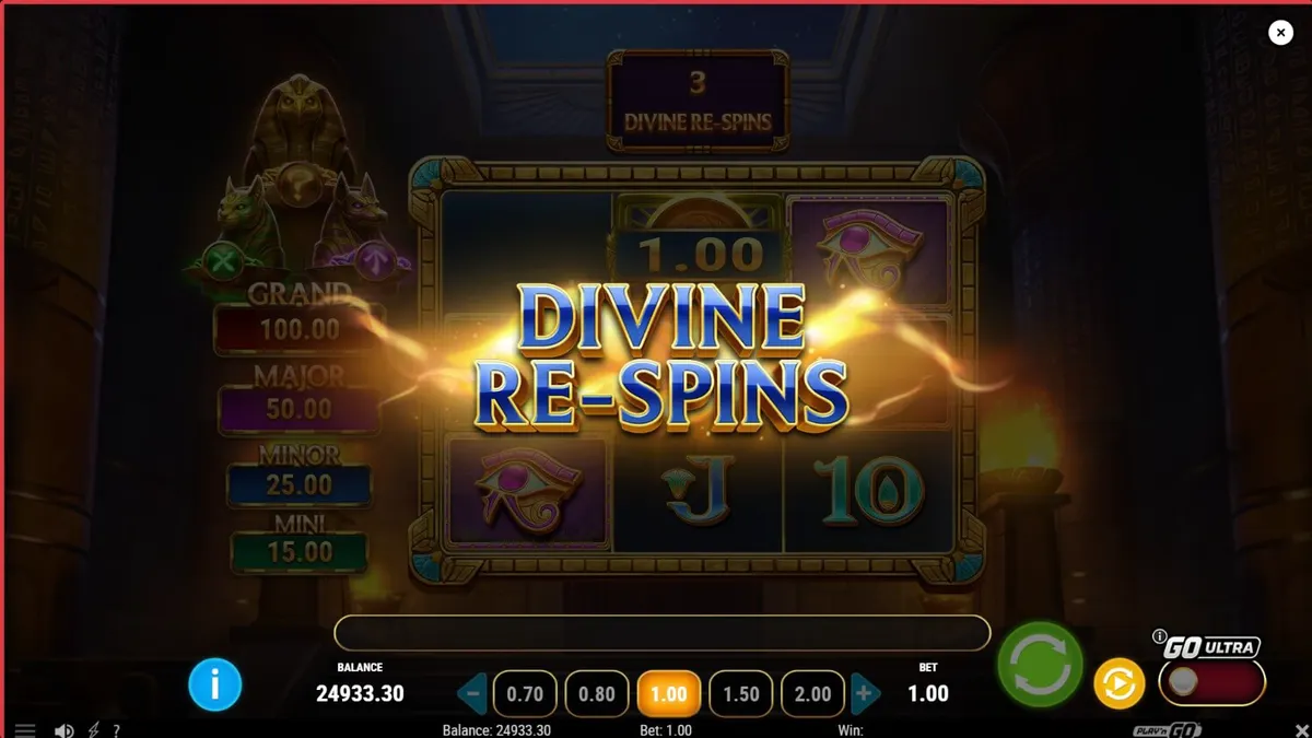 Temple of Three slot machine interface sa loob ng isang sinaunang Egyptian tomb