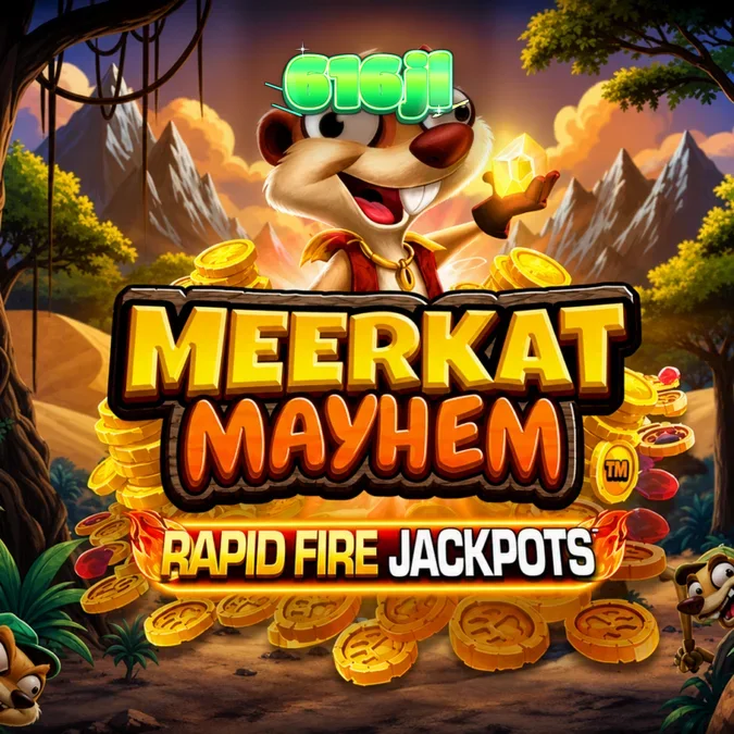 Meerkat Mayhem slot game interface na may mga meerkat at treasure chest
