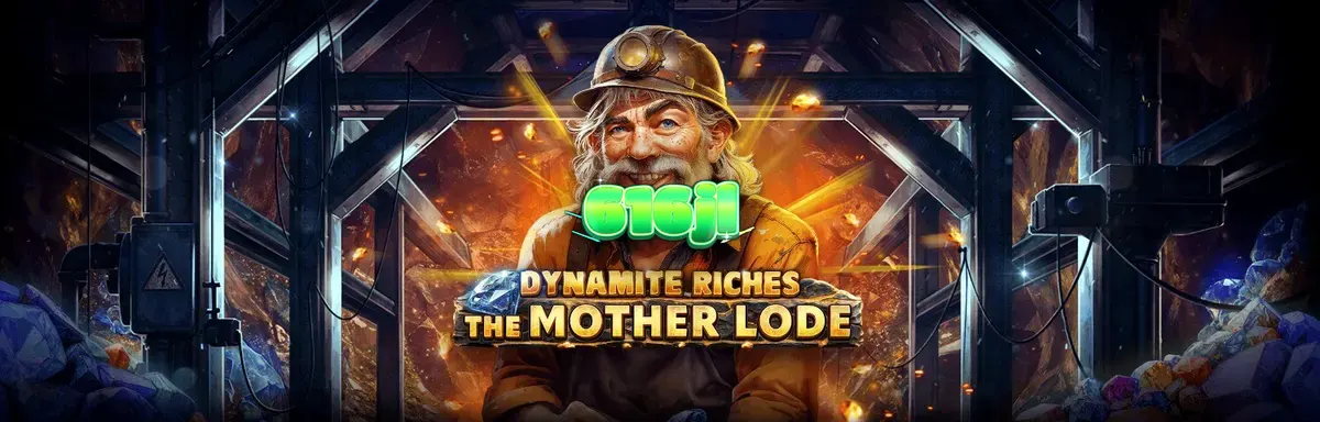 Isang visual na representasyon ng Dynamite Riches The Mother Lode na nagpapakita ng mga gintong minahan at dinamita.